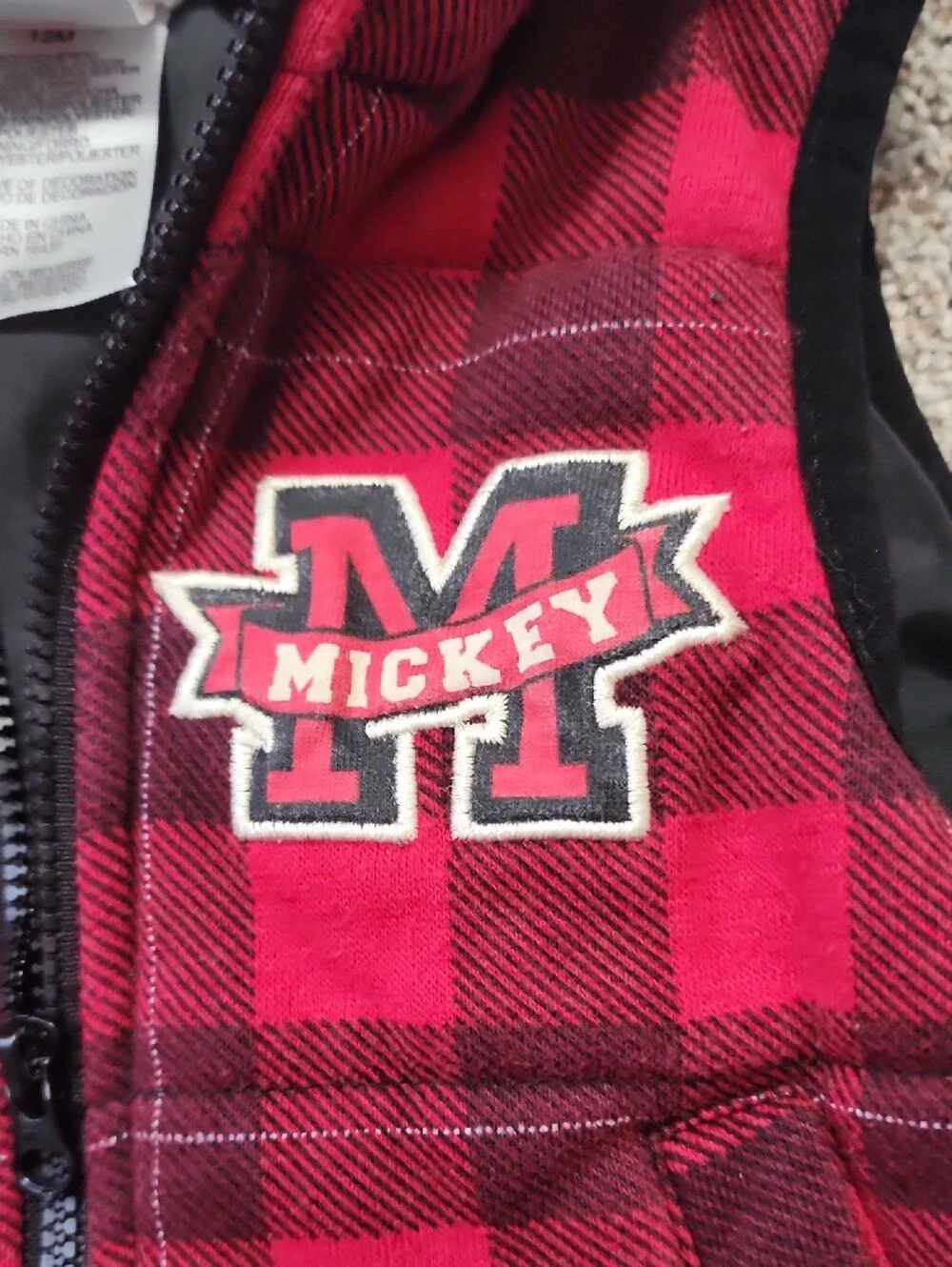 12 Month Mickey Mouse Red Buffalo Plaid Hooded Vest